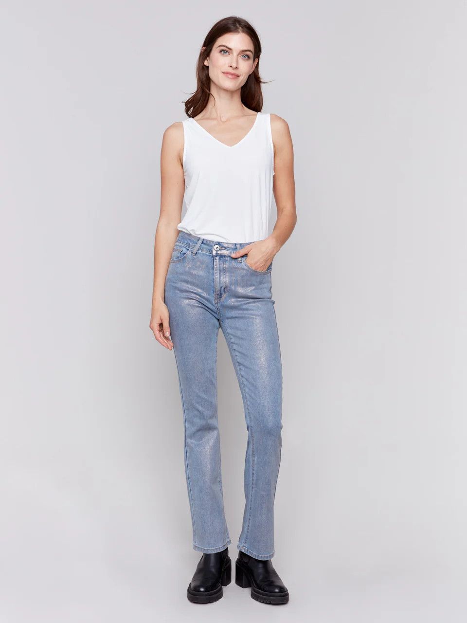 Foiled boot cut jean , Color: Silver Blue, Size: 4