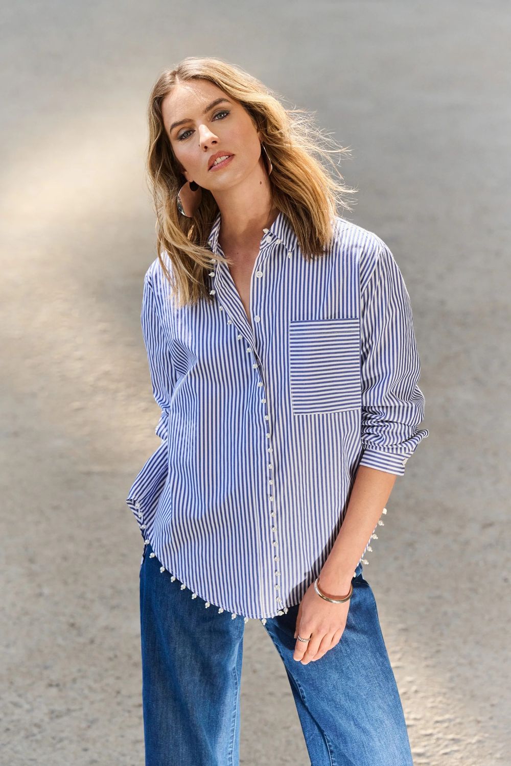 Stripe blouse w/ pearl trim, Color: Midnight/ White, Size: XS