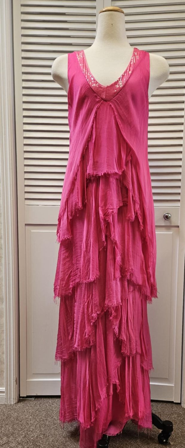 Linen tiered maxi dress, Color: Strawberry, Size: S