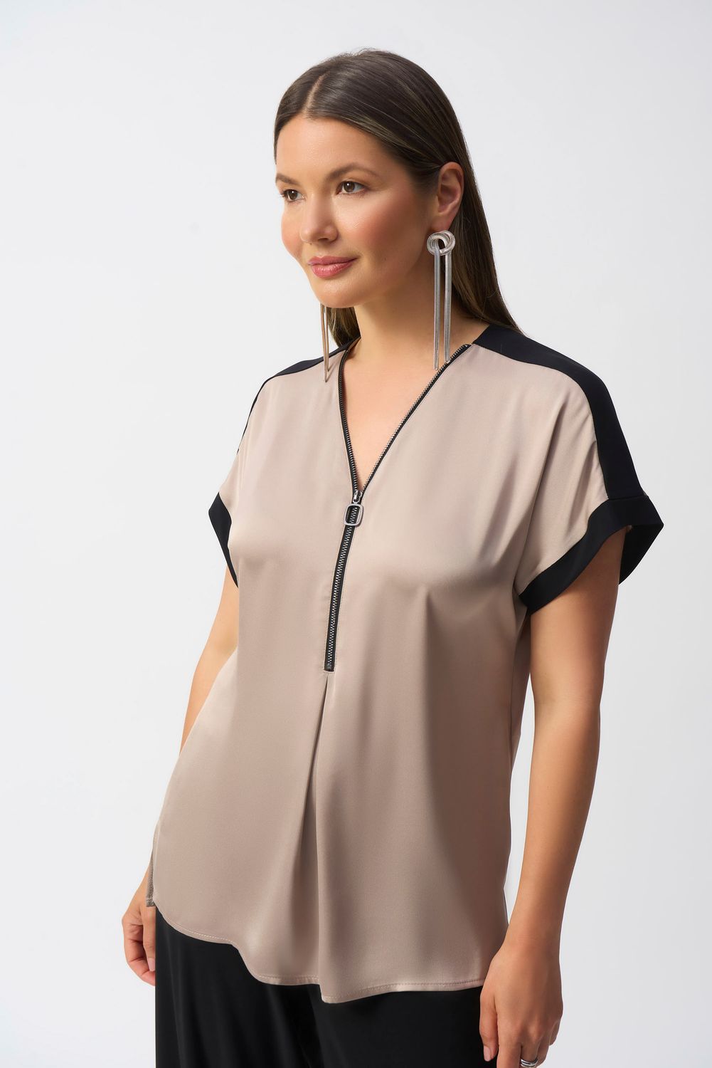 Half zip t-shirt w/ pleat detail, Color: Dune/ Black, Size: 12