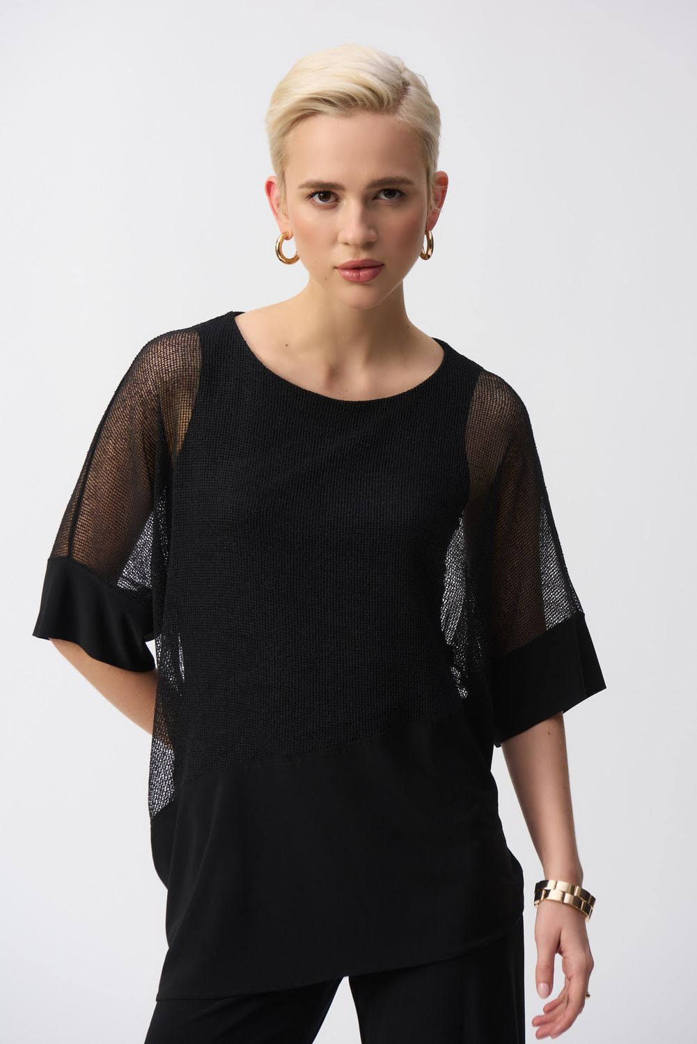 Silky sheer mesh flutter sleeve top, Color: Black, Size: 10