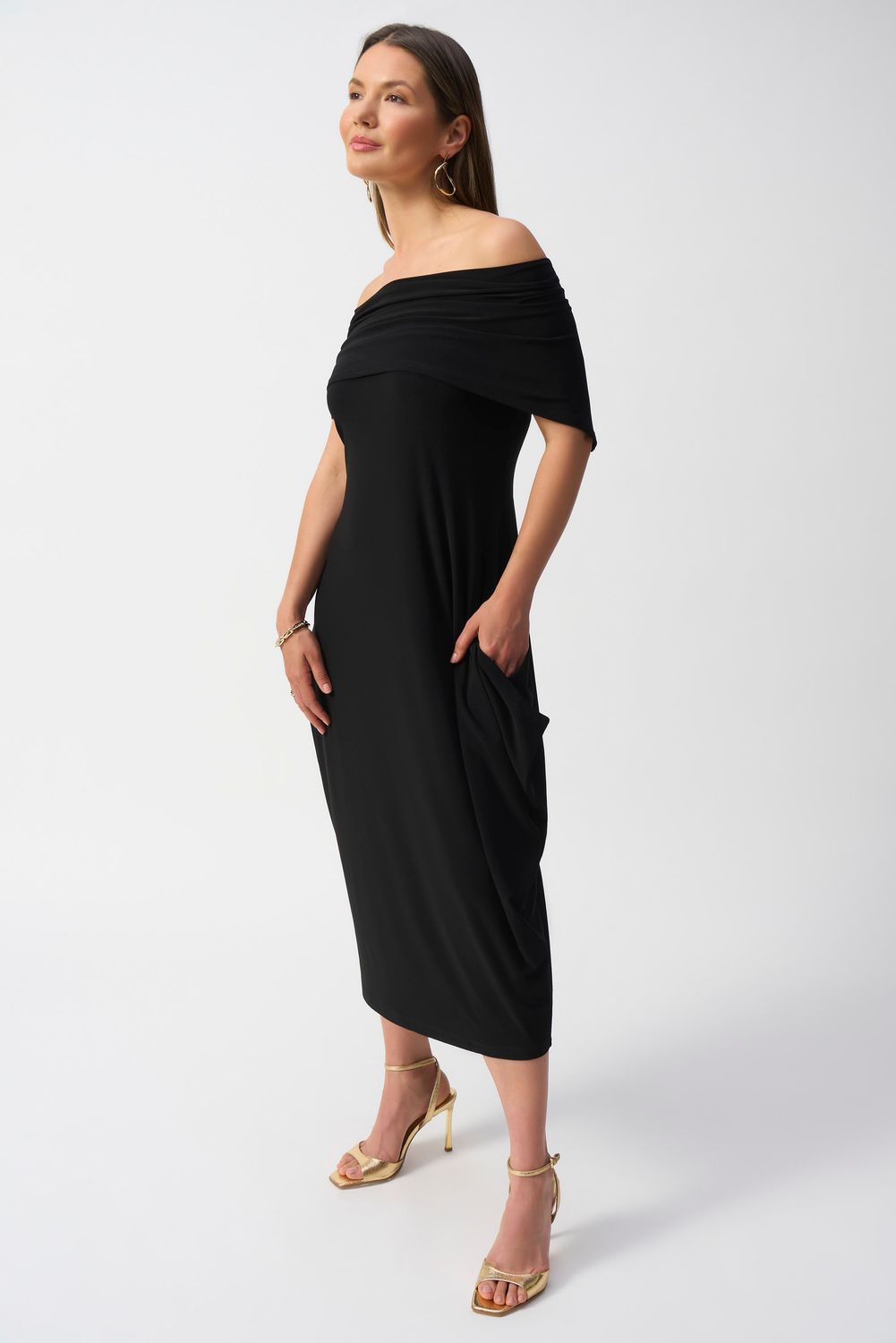Silk knit off shoulder midi, Color: Black, Size: 12