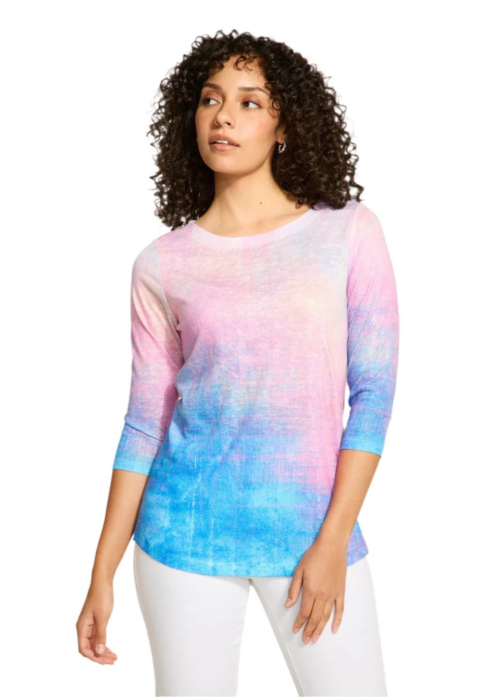 Boat neck 3/4 sleeve print top, Color: Patina, Size: S