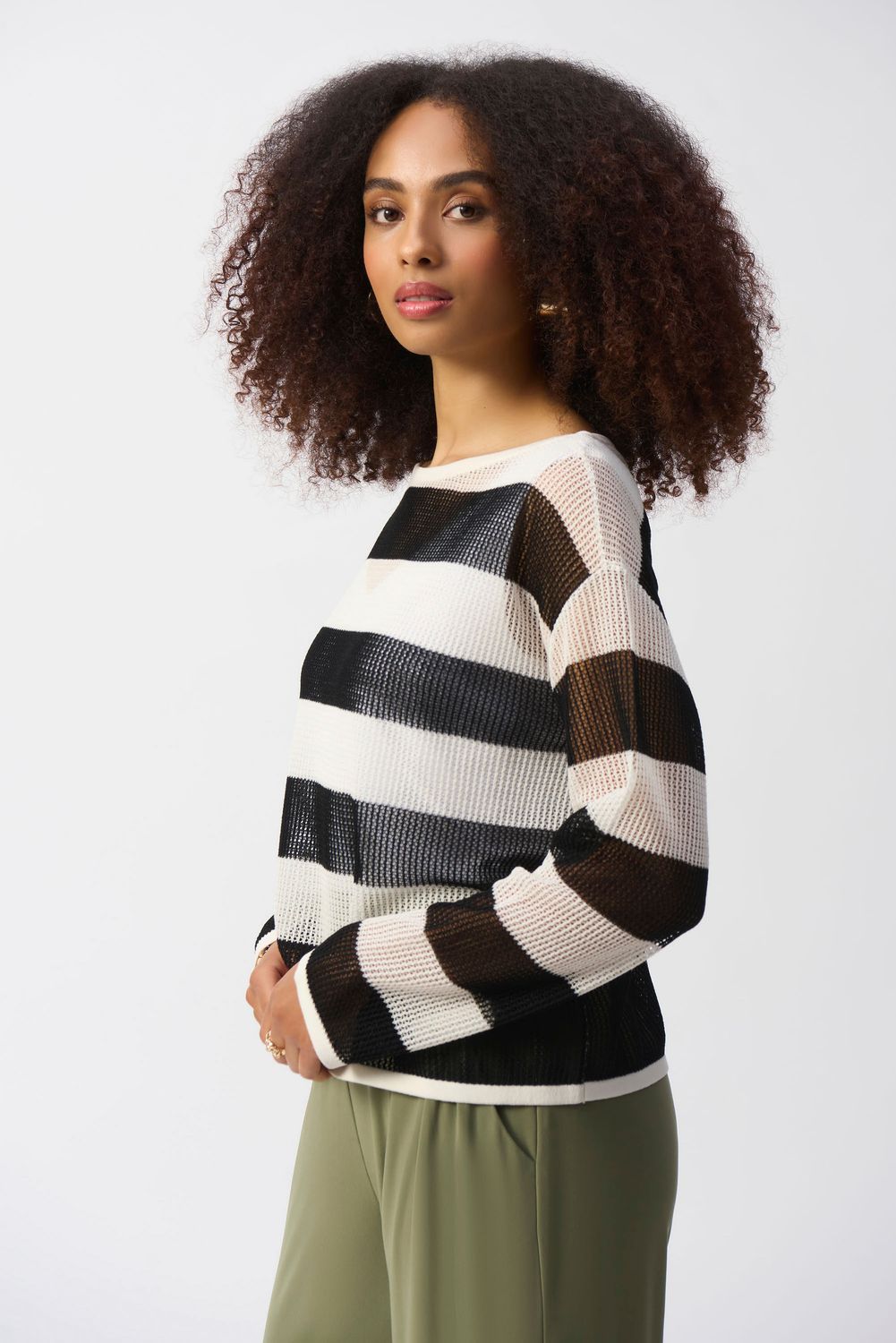 Sheer stripe boat neck pull- over, Color: Vanilla/ Black, Size: XS