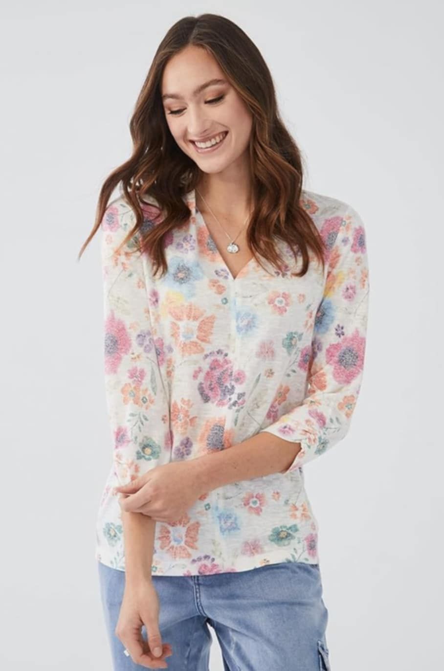 Floral print v-neck 3/4 sleeve top, Color: Libby, Size: S