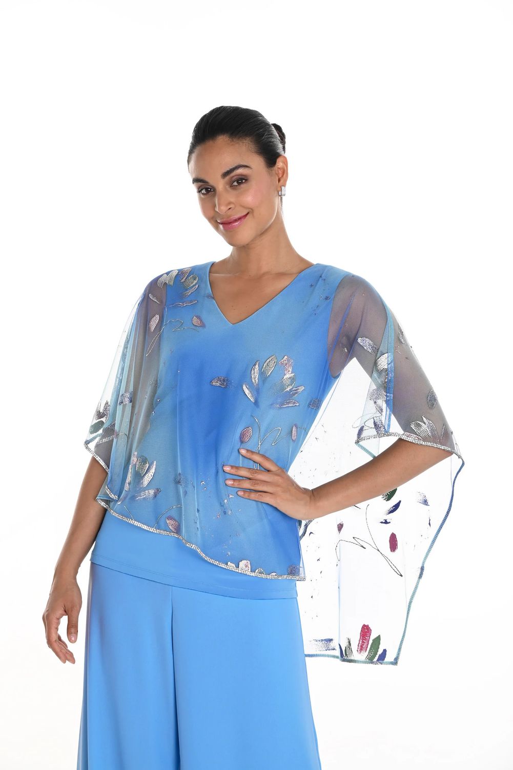 Metallic splash print overlay blouse, Color: Turquoise Blue, Size: 6