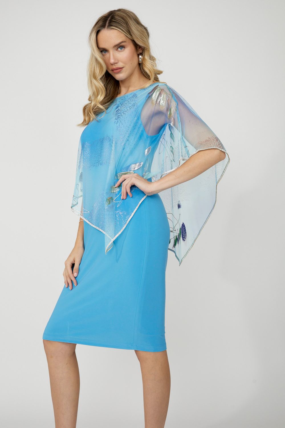 Foil print sheer cape midi, Color: Aqua/ mix, Size: 6