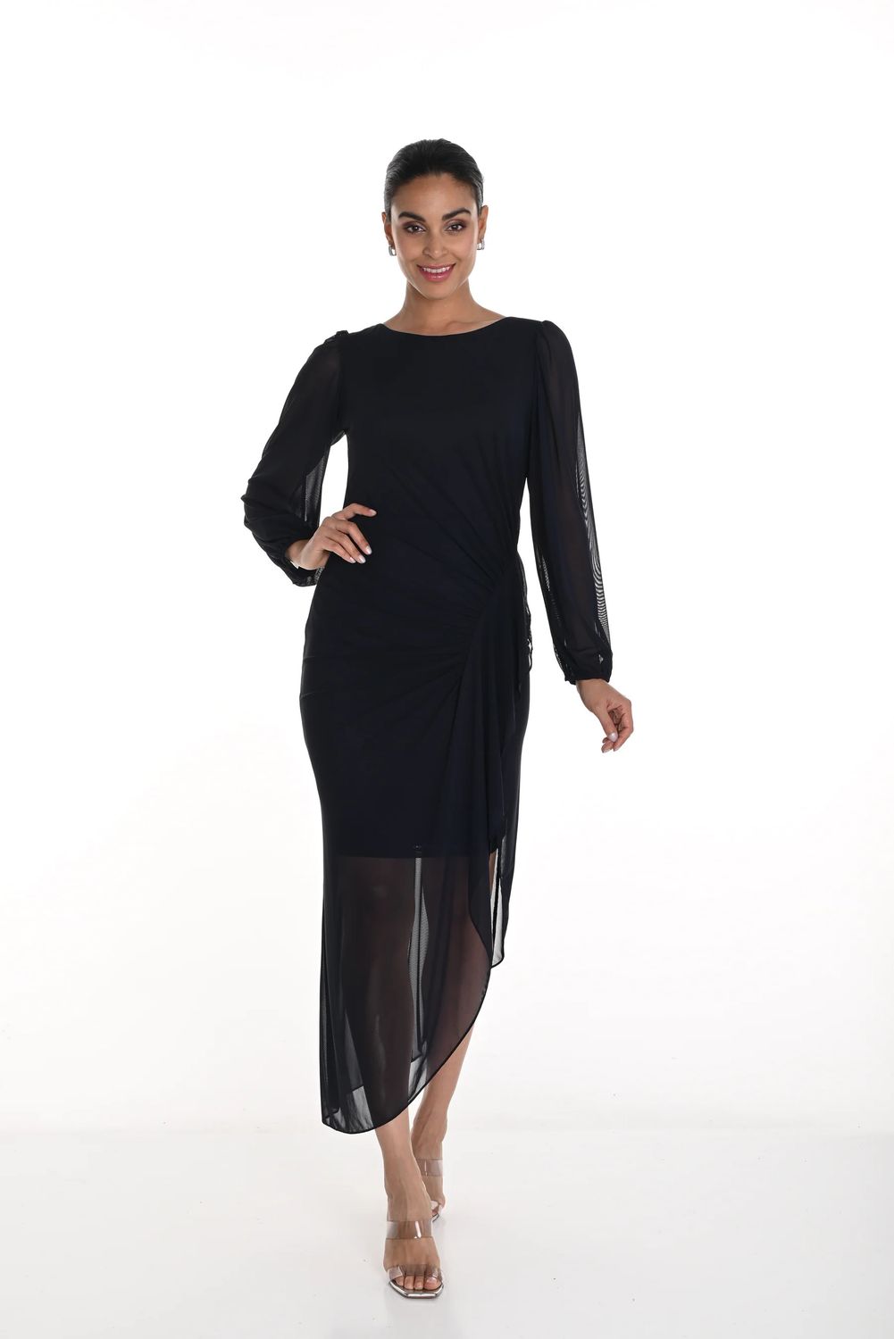 Sheer sleeve angled hem , Color: Midnight, Size: S