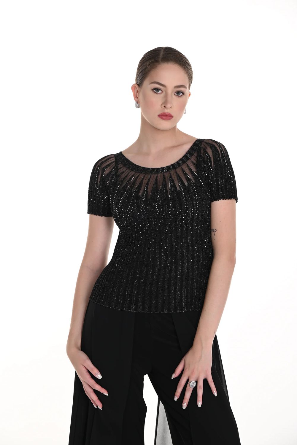 Boat neck shimmer studded tee, Color: Black, Size: XS