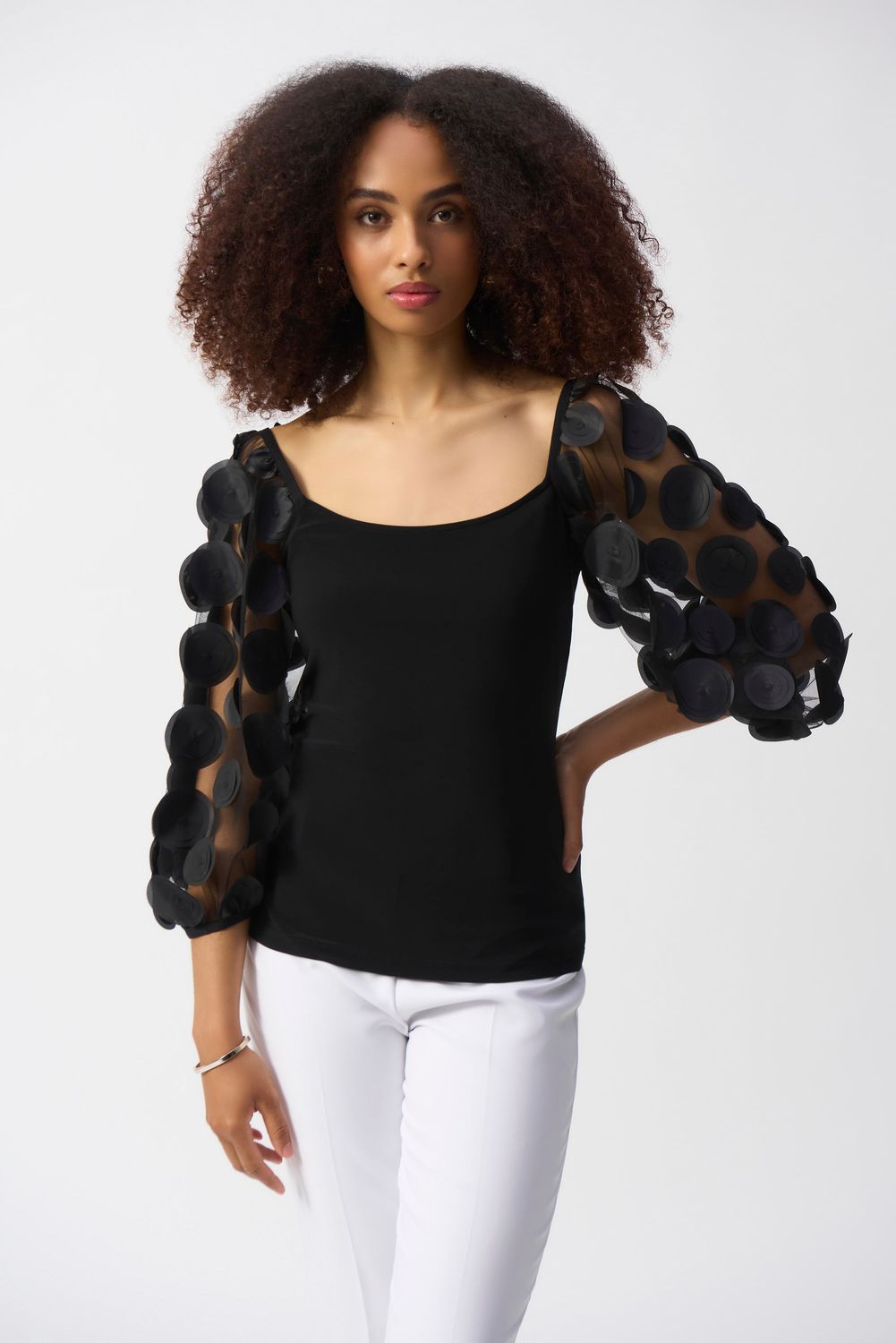 Mesh dot 3/4 sleeve blouse, Color: Black, Size: 8