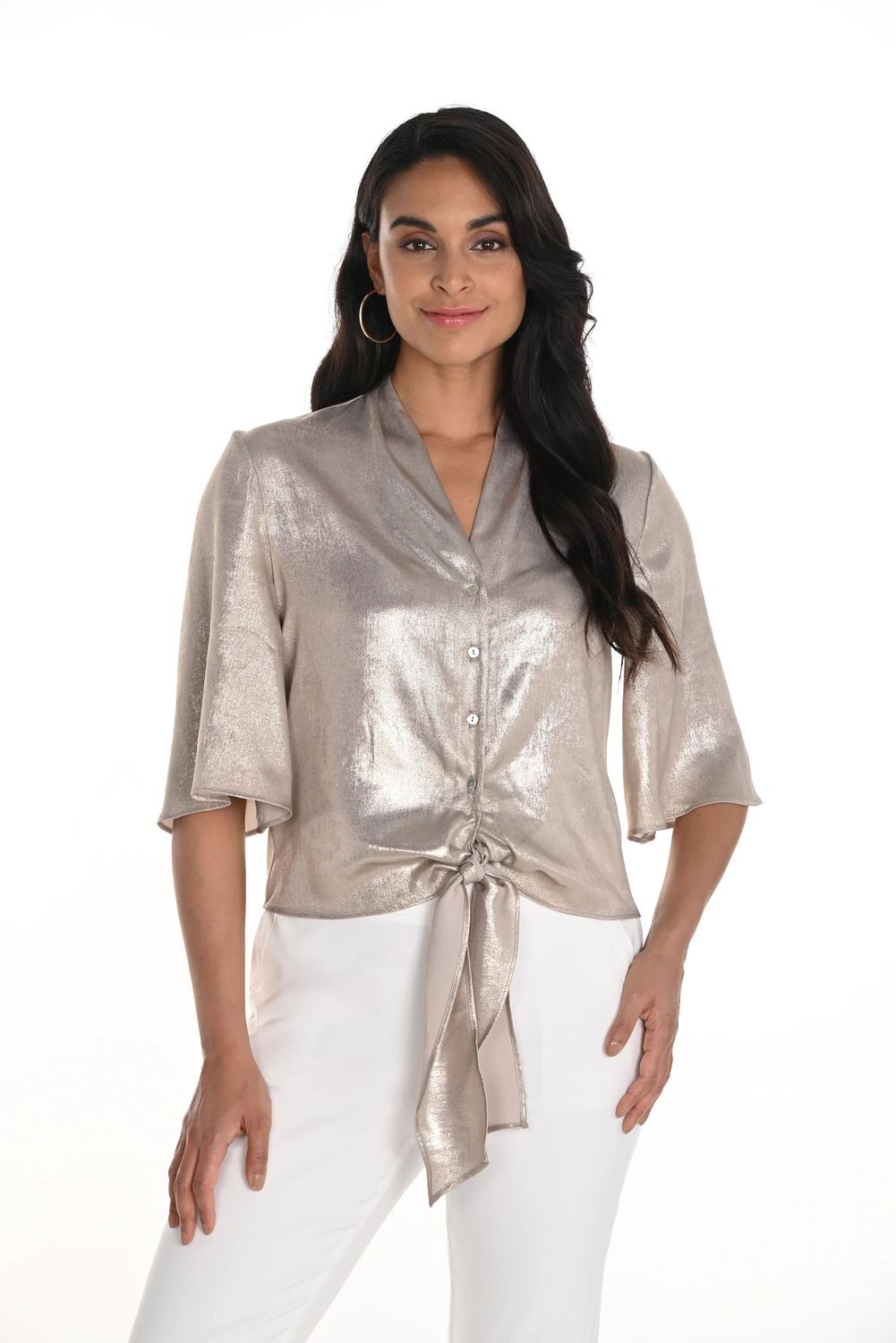 Flutter sleeve tie- front blouse, Color: Beige/ Gold Metallic, Size: 6