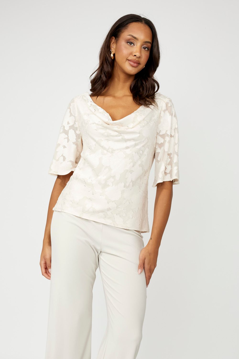 2 way wear floral cowl neck top, Color: Cream/ Silver, Size: 6