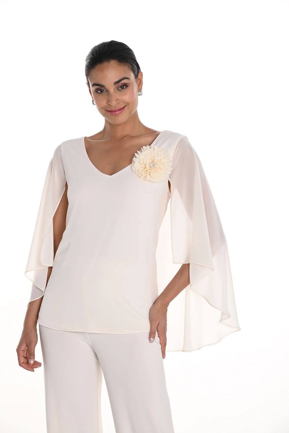 Chiffon cape sleeve top w/ floral embellishment , Color: Vanilla, Size: 14