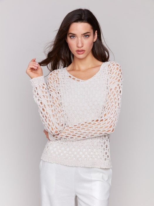 Braided Fishnet V-Neck Sweater, Color: Petal, Size: S