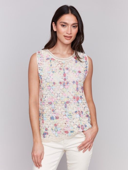 Sleeveless Crochet Crew Neck Top, Color: Natural Mix, Size: S