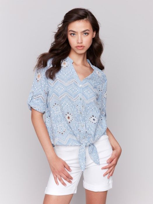 Eyelet Embroidery Front Tie Top, Color: BlueBell, Size: S