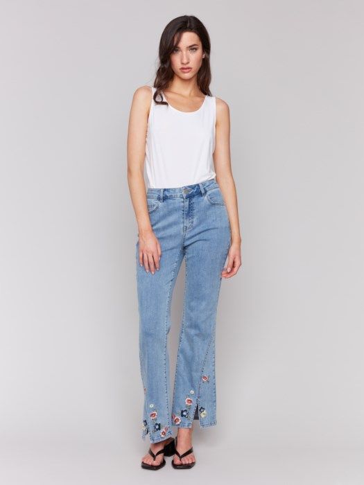 Front Slit Floral Embroidered Pant, Color: Lt. Blue, Size: 10