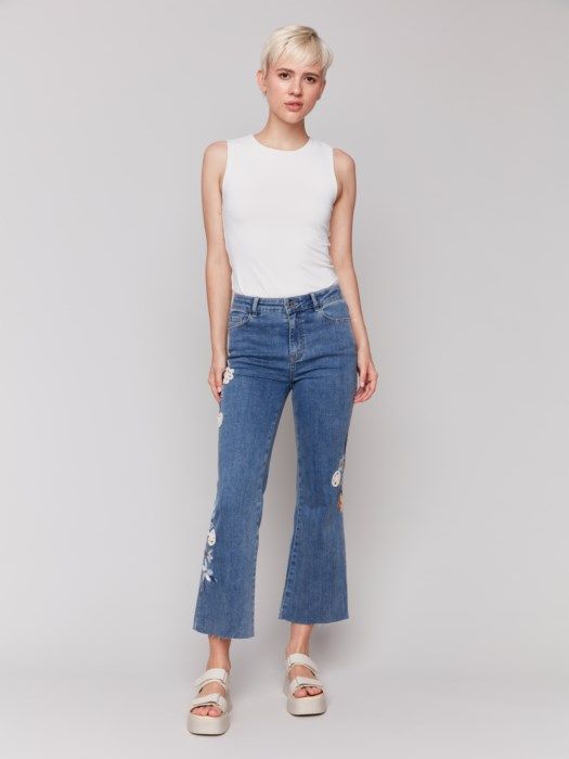 Floral Embroidered Crochet Jeans, Color: M. Blue, Size: 6