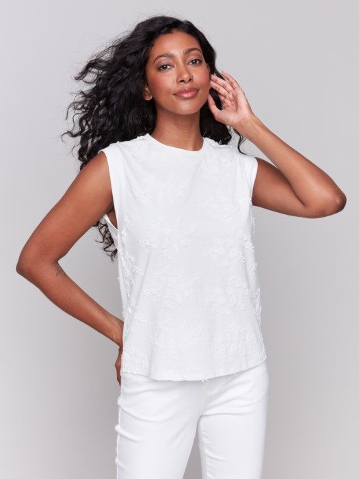 Embroidered Sleeveless Crew NecK, Color: White, Size: S