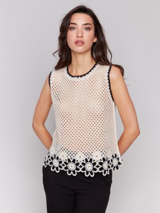 Floral Border Crochet Tank, Color: Natural, Size: M
