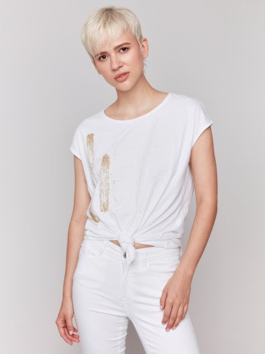 Foil Print Front Knot Top, Color: White Metallic, Size: S