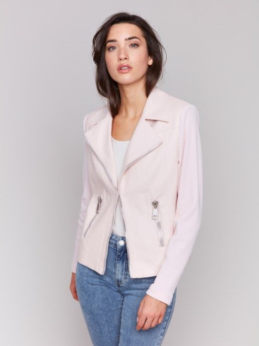 Foiled Faux Leather/ Rib Knit Moto, Color: Petal, Size: XS