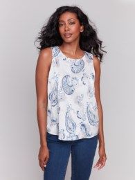 Printed Satin Sleeveless Top, Color: Ivory Mix, Size: XS