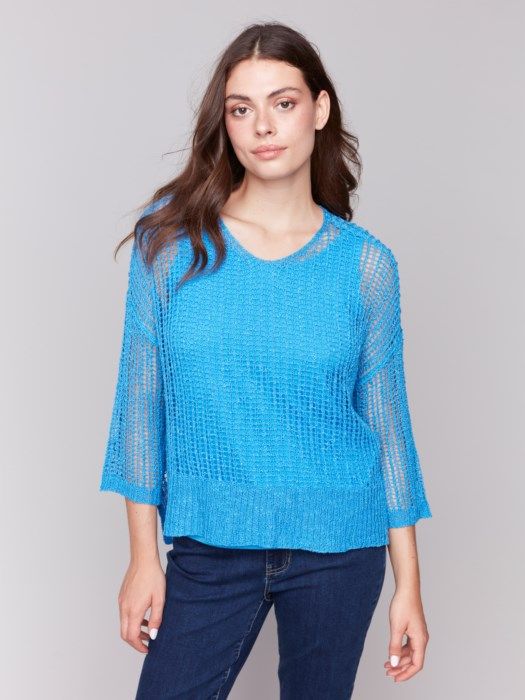 Batwing Fishnet Crochet Sweater, Color: Lagoon, Size: S