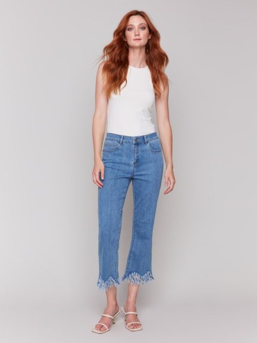 Cropped Jeans with Fringed Hem, Color: Blue Jean, Size: 4