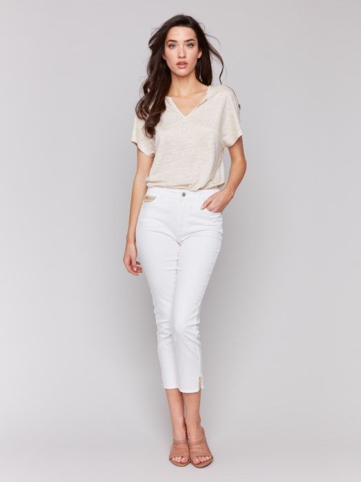 Cropped Twill Jeans with Sequin, Color: White, Size: 4