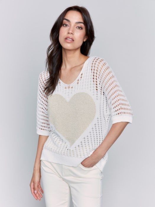 Fishnet V-Neck w/ Gold Heart Top, Color: White, Size: S