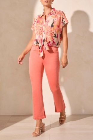 Printed Tie- Front Blouse , Color: TeaBerry, Size: S