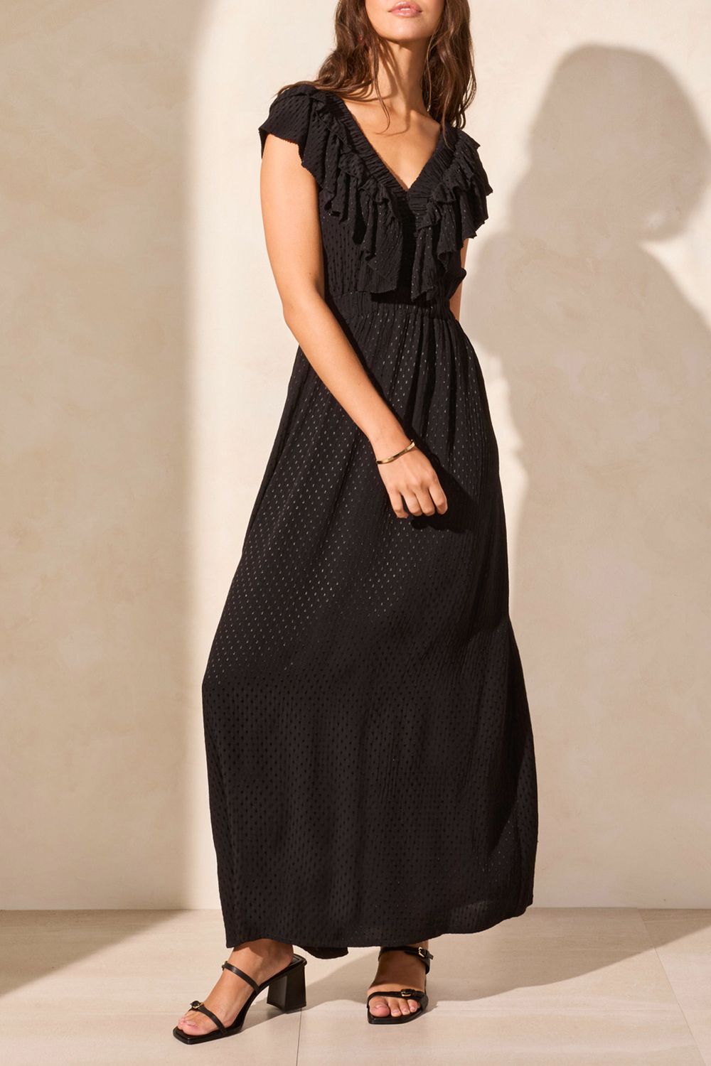 Frilly Cut-Out Maxi Dress, Color: Black, Size: S