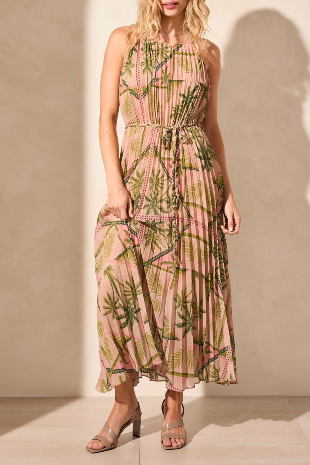 Pleated print maxi dress, Color: AloeLeaf, Size: S