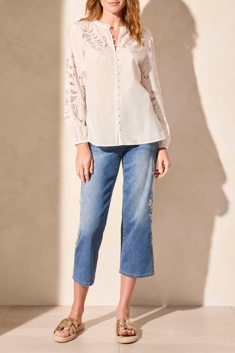 Embroidered Cut- Out Blouse, Color: White, Size: XS