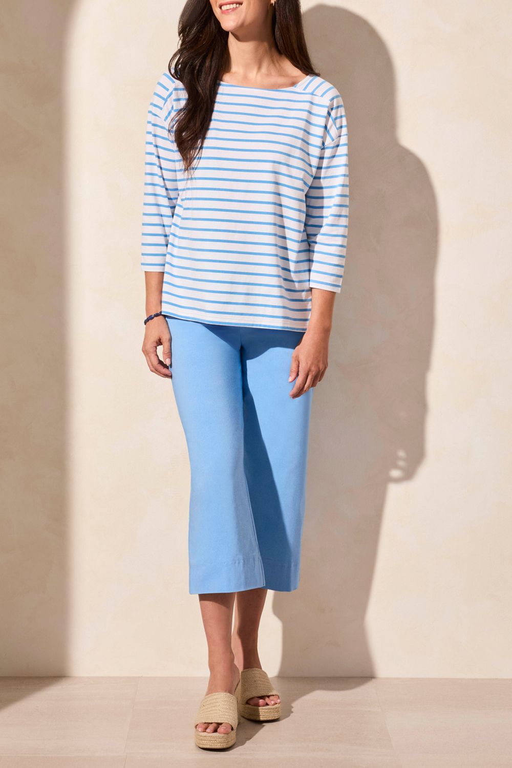 Boat Neck 3/4 Sleeve Top, Color: Deep Sea, Size: S
