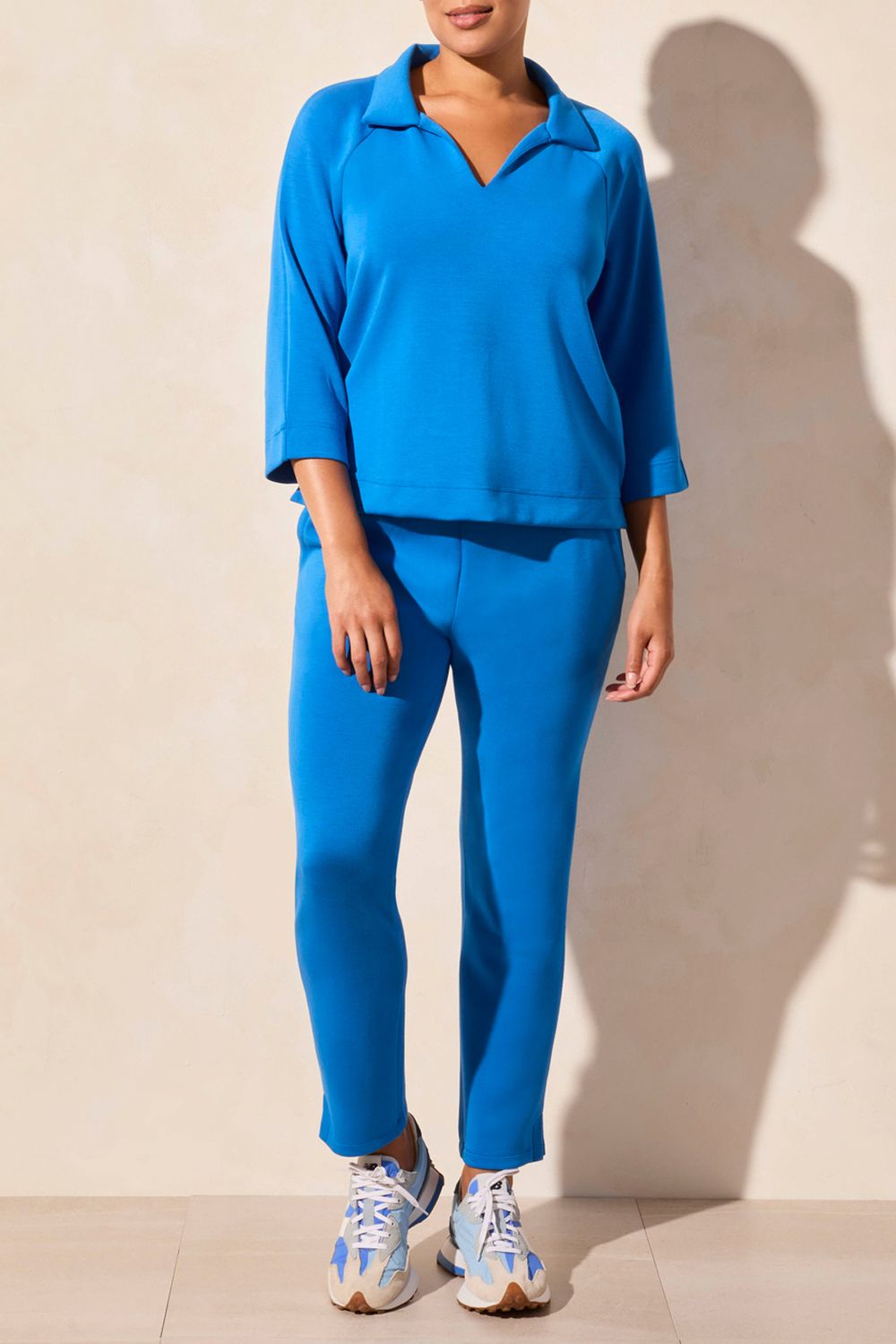 Henley 3/4 Sleeve Slit Top, Color: Riviera, Size: S
