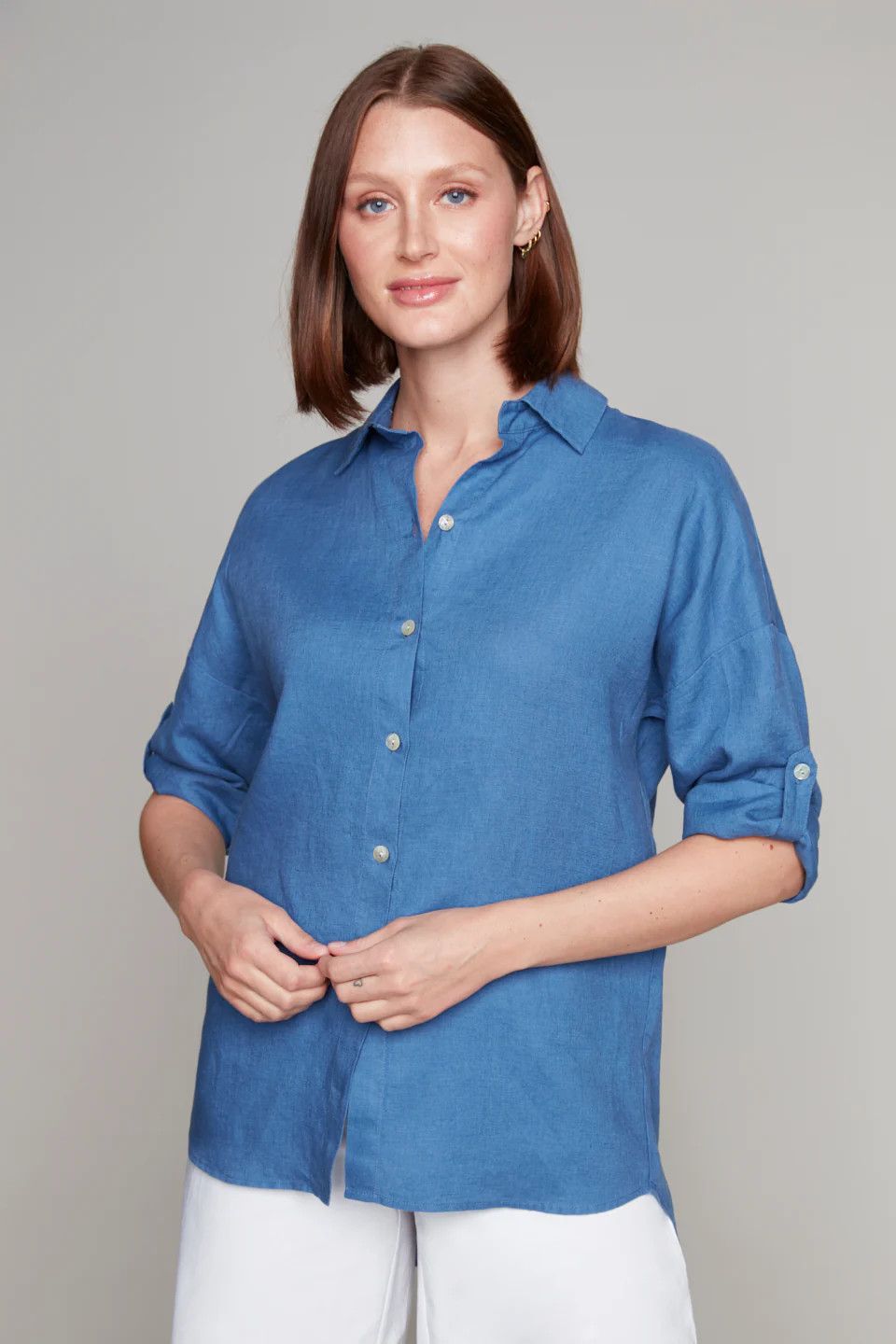 Linen 3/4 Sleeve Blouse, Color: Denim Blue, Size: S