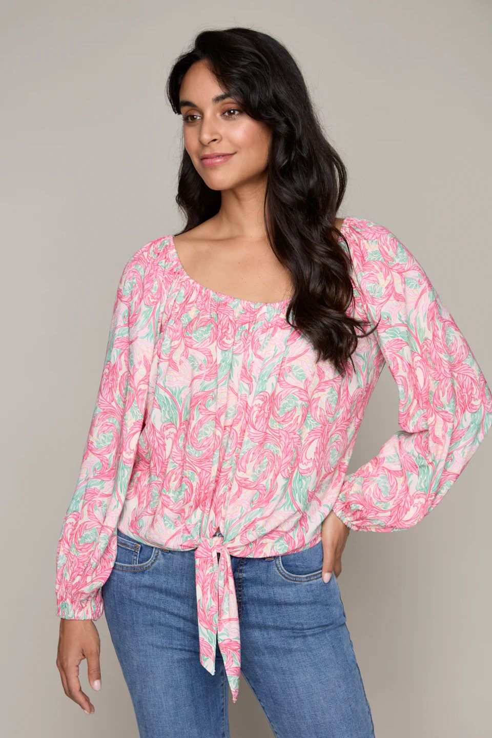 Off- Shoulder Tie Front Blouse, Color: Pink/ Mix, Size: XS
