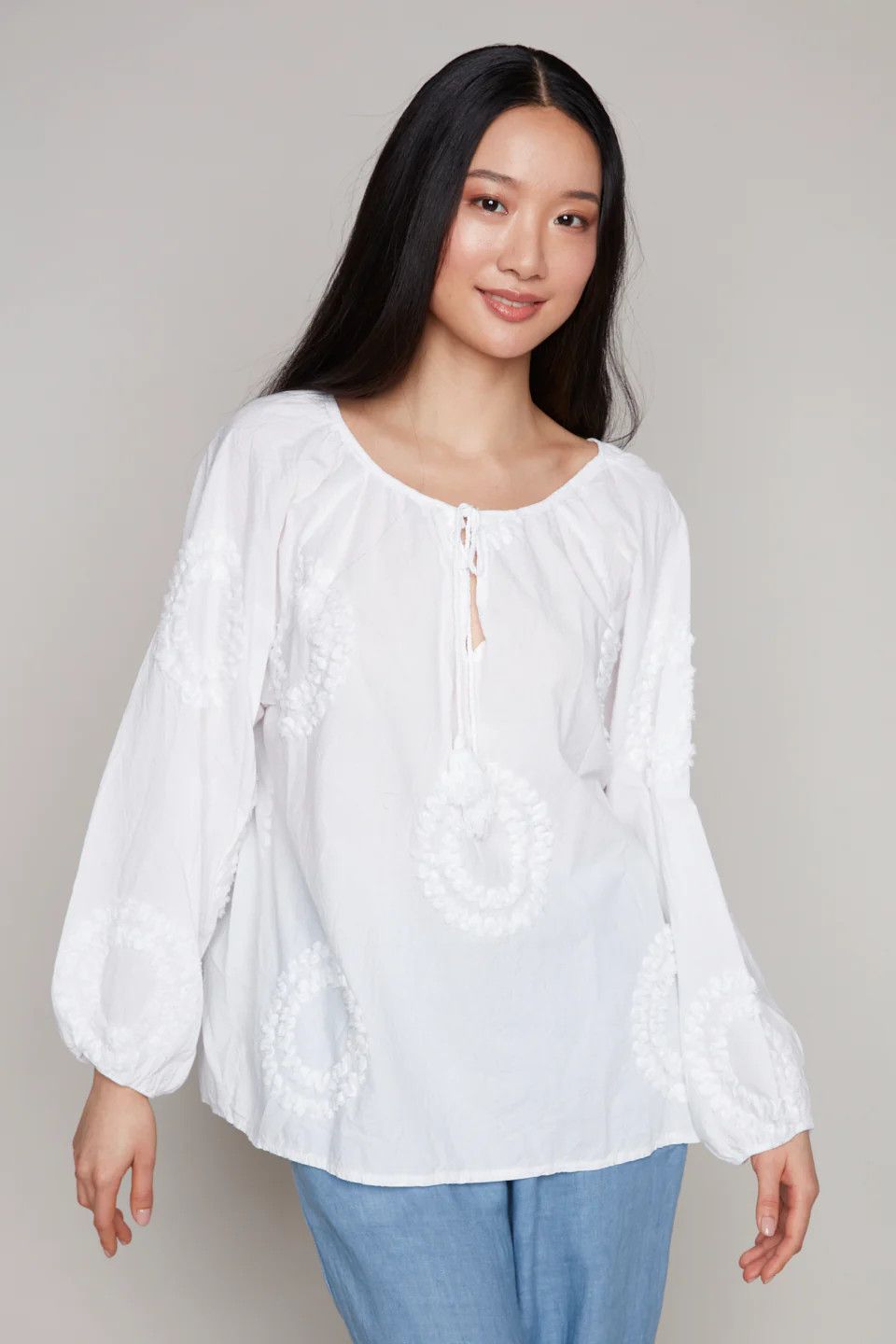 Tassel Tie Front Blouse , Color: White, Size: S