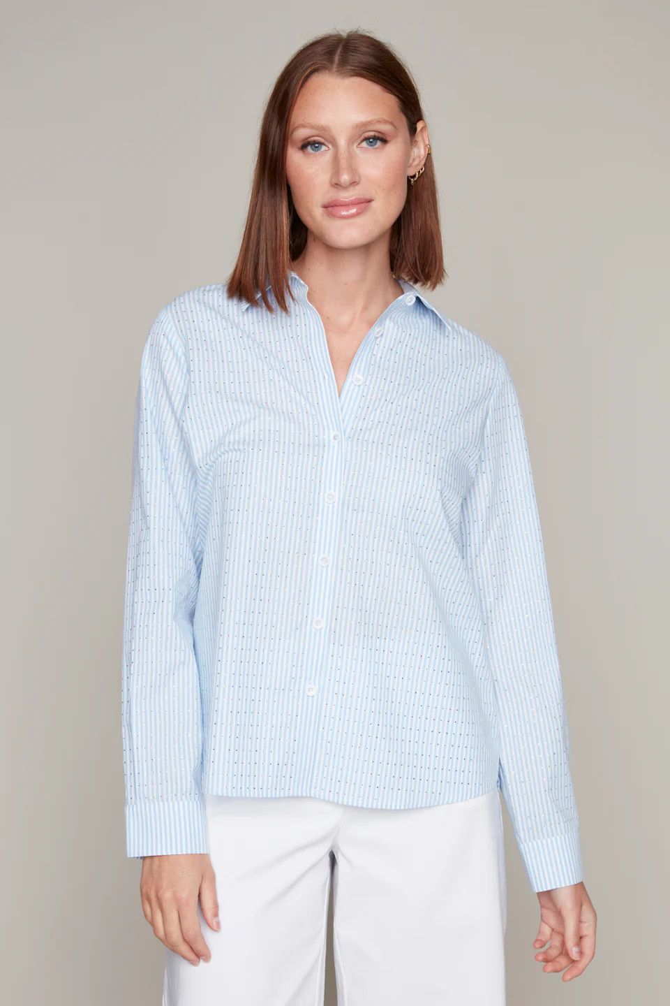 Oxford Rhinestone Stripe Blouse, Color: Blue/ White, Size: S
