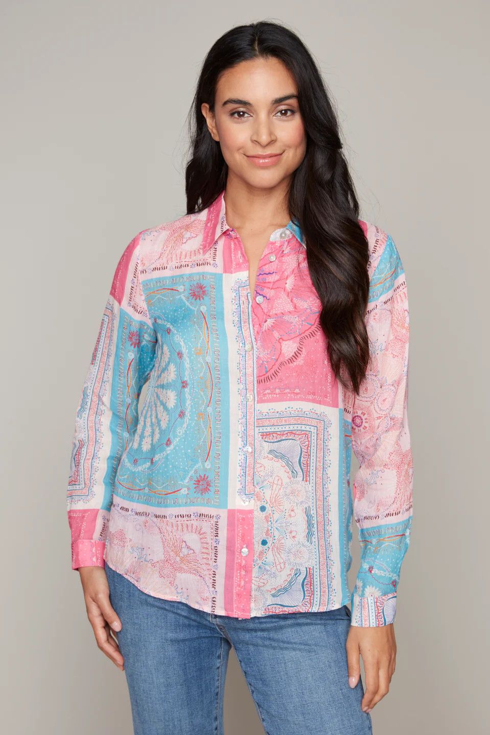 Patch Work Print Blouse, Color: Pink / BlueS, Size: S