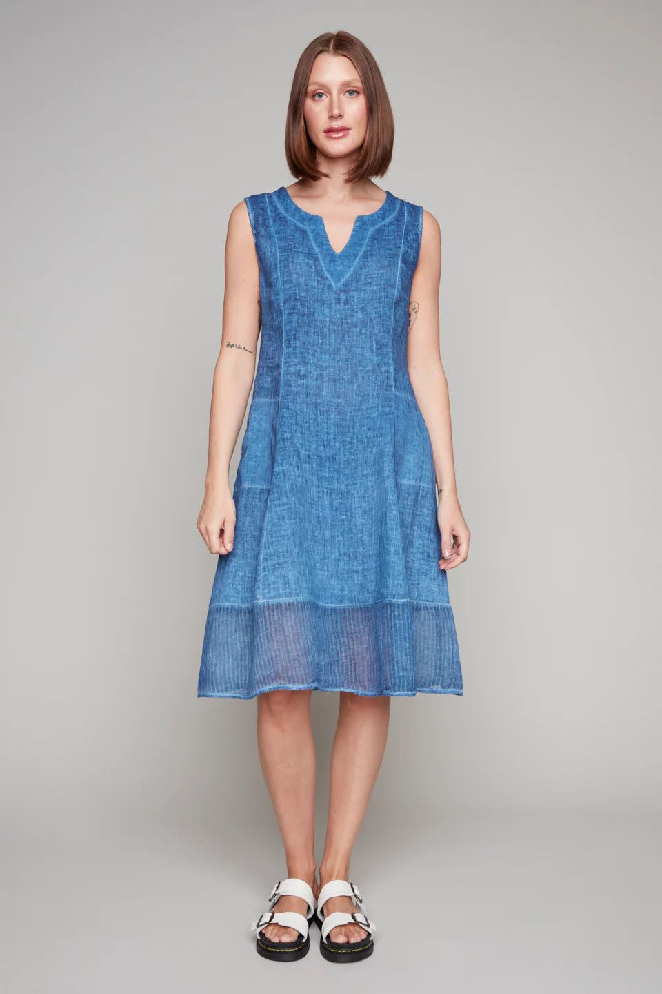 Linen Sheer Ruffle Hem Dress, Color: Denim Blue, Size: S
