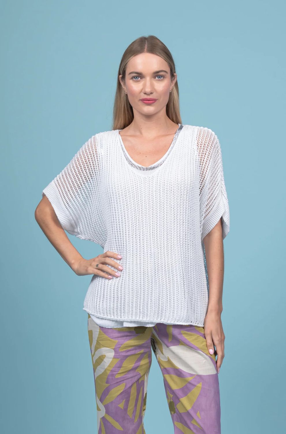 Cotton Mesh Drop Sleeve Top, Color: White, Size: O/S
