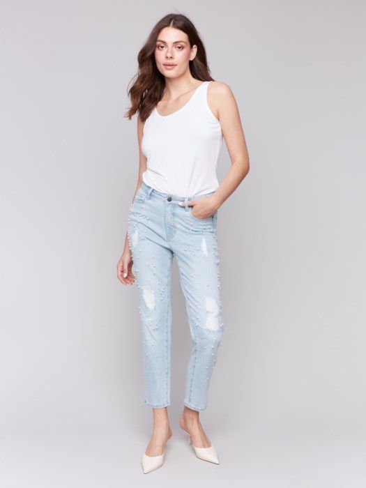 Distressed Pearl Appliqué Jean, Color: Lt. Blue, Size: 4