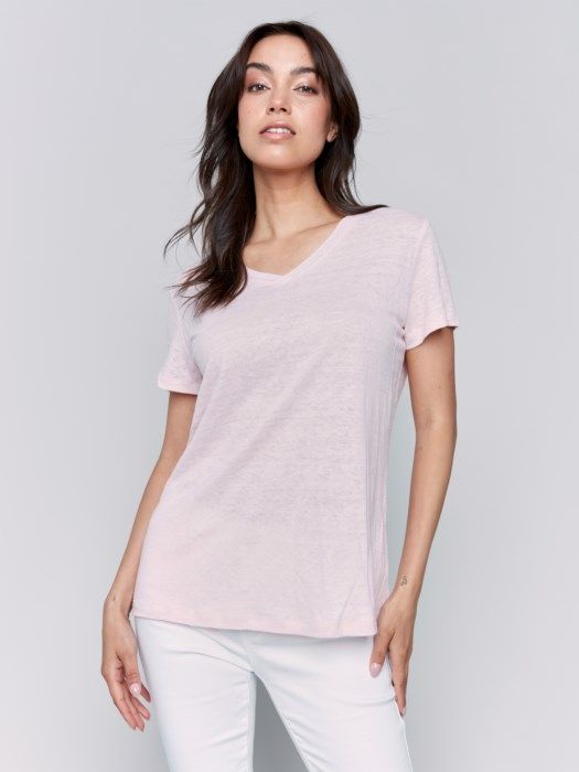 Linen V-Neck T-Shirt, Color: Petal, Size: M