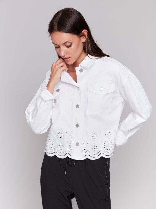 Scalloped Eyelet Denim Jacket, Color: White, Size: XS