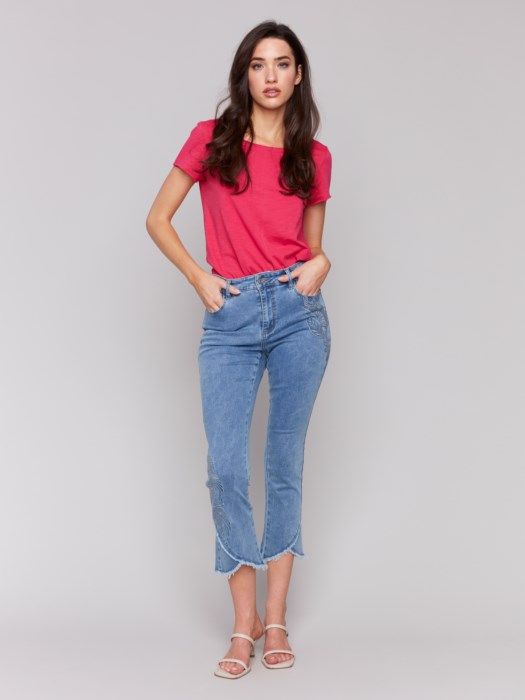 Embroidery Bootcut Tulip Hem Pant, Color: Lt. Blue, Size: 6