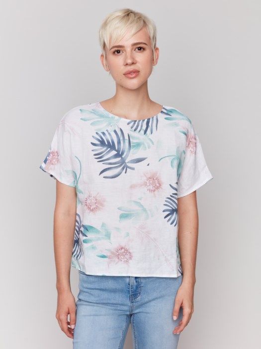 Printed Linen Dolman Top, Color: Lush, Size: S
