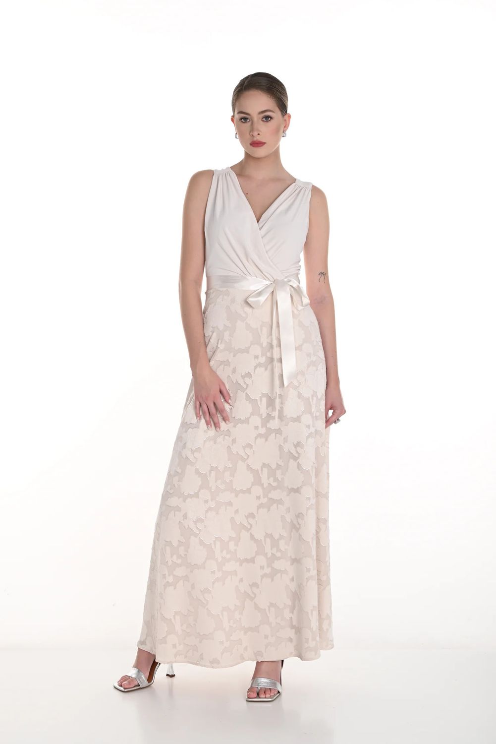 Self Belt V-neck Formal Dress, Color: Cream/ Silver, Size: 12